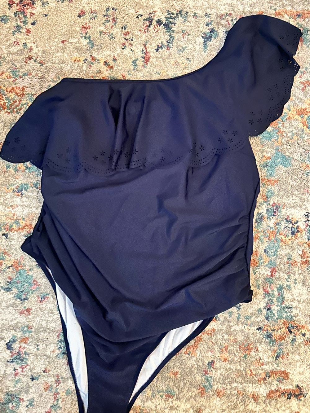 One-Shoulder Navy Ruffle Swimsuit